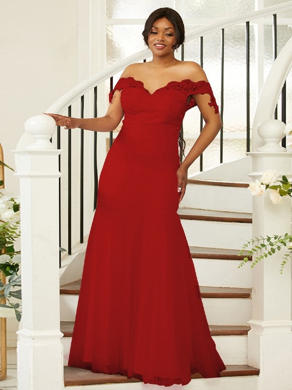 Sheath/Column Stretch Crepe Lace Off-the-Shoulder Sleeveless Floor-Length Bridesmaid Dresses Evening Formal Dress