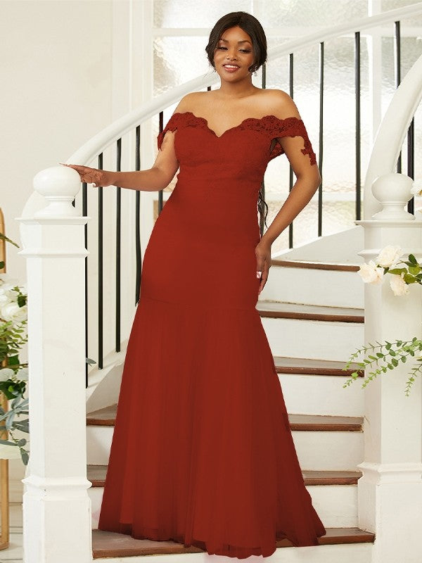 Sheath/Column Stretch Crepe Lace Off-the-Shoulder Sleeveless Floor-Length Bridesmaid Dresses Evening Formal Dress