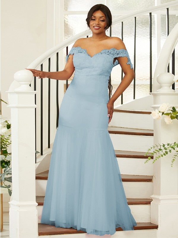 Sheath/Column Stretch Crepe Lace Off-the-Shoulder Sleeveless Floor-Length Bridesmaid Dresses Evening Formal Dress