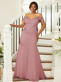 Sheath/Column Stretch Crepe Lace Off-the-Shoulder Sleeveless Floor-Length Bridesmaid Dresses Evening Formal Dress