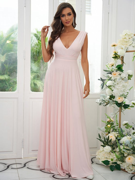 A-Line/Princess Jersey Ruffles V-neck Sleeveless Floor-Length Bridesmaid Dresses Evening Prom Dress