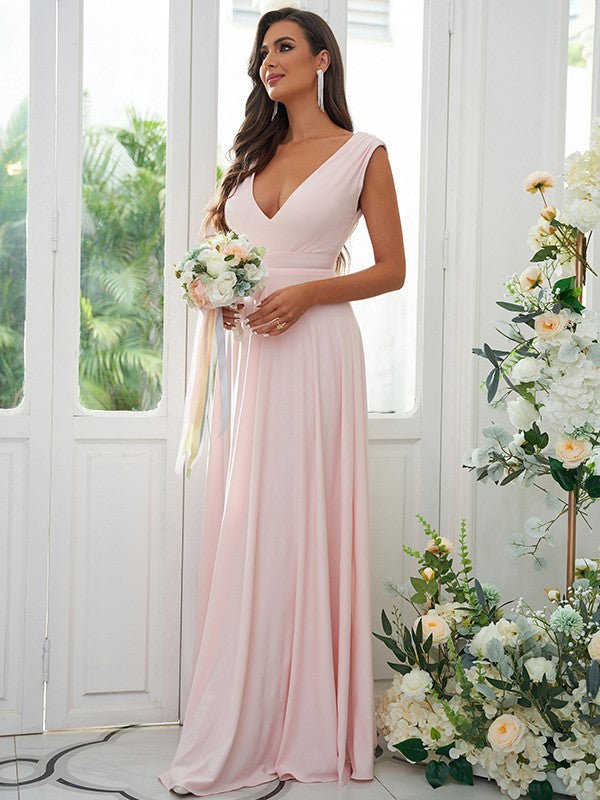 A-Line/Princess Jersey Ruffles V-neck Sleeveless Floor-Length Bridesmaid Dresses Evening Prom Dress