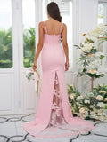 Sheath/Column Stretch Crepe Lace Spaghetti Straps Sleeveless Sweep/Brush Train Bridesmaid Dresses Evening Dress
