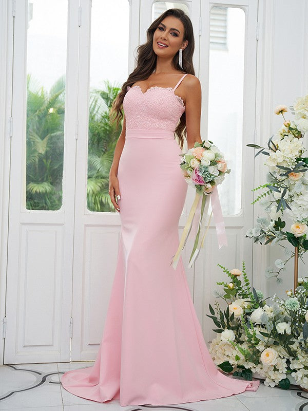 Sheath/Column Stretch Crepe Lace Spaghetti Straps Sleeveless Sweep/Brush Train Bridesmaid Dresses Evening Dress