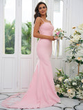 Sheath/Column Stretch Crepe Lace Spaghetti Straps Sleeveless Sweep/Brush Train Bridesmaid Dresses Evening Dress