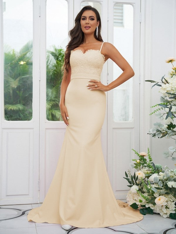 Sheath/Column Stretch Crepe Lace Spaghetti Straps Sleeveless Sweep/Brush Train Bridesmaid Dresses Evening Dress