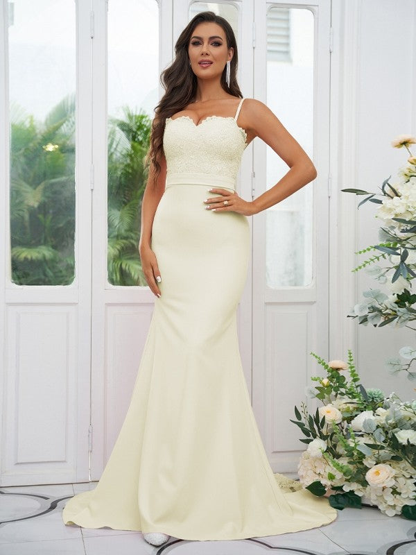 Sheath/Column Stretch Crepe Lace Spaghetti Straps Sleeveless Sweep/Brush Train Bridesmaid Dresses Evening Dress
