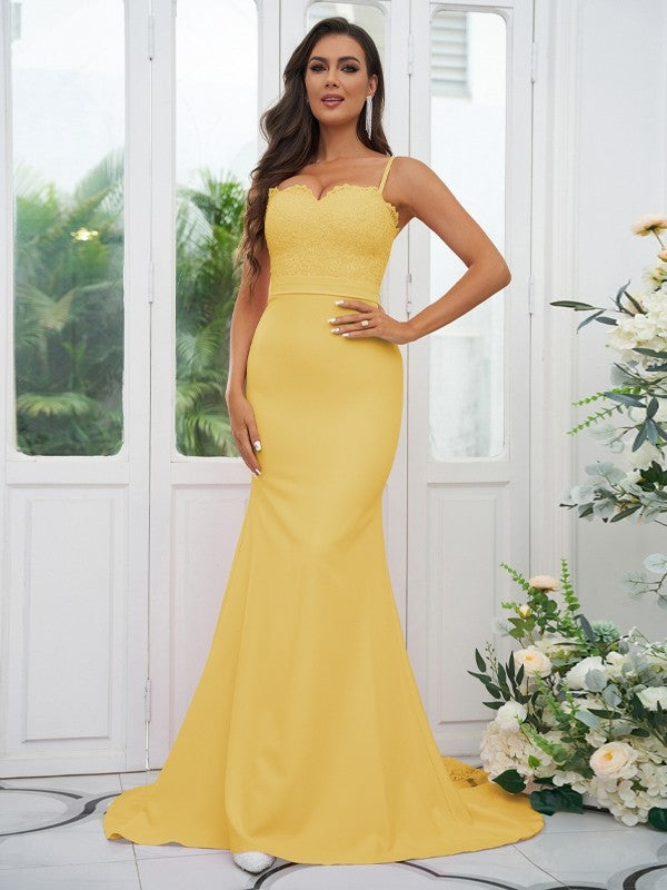 Sheath/Column Stretch Crepe Lace Spaghetti Straps Sleeveless Sweep/Brush Train Bridesmaid Dresses Evening Dress