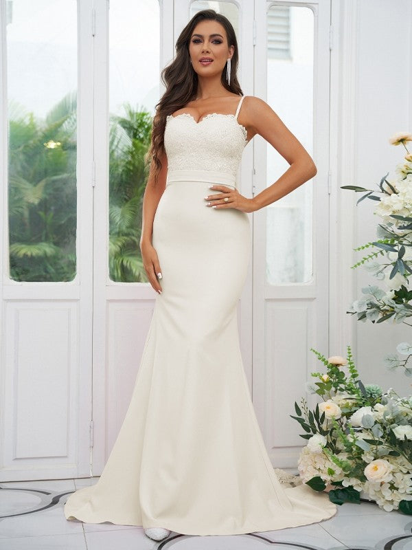 Sheath/Column Stretch Crepe Lace Spaghetti Straps Sleeveless Sweep/Brush Train Bridesmaid Dresses Evening Dress