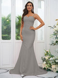 Sheath/Column Stretch Crepe Lace Spaghetti Straps Sleeveless Sweep/Brush Train Bridesmaid Dresses Evening Dress