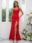 Sheath/Column Stretch Crepe Ruffles One-Shoulder Sleeveless Sweep/Brush Train Bridesmaid Dresses Evening Dress