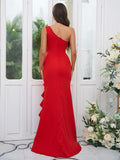 Sheath/Column Stretch Crepe Ruffles One-Shoulder Sleeveless Sweep/Brush Train Bridesmaid Dresses Evening Dress