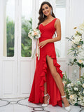 Sheath/Column Stretch Crepe Ruffles One-Shoulder Sleeveless Sweep/Brush Train Bridesmaid Dresses Evening Dress