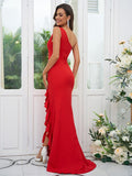 Sheath/Column Stretch Crepe Ruffles One-Shoulder Sleeveless Sweep/Brush Train Bridesmaid Dresses Evening Dress