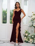 Sheath/Column Stretch Crepe Ruffles One-Shoulder Sleeveless Sweep/Brush Train Bridesmaid Dresses Evening Dress