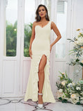 Sheath/Column Stretch Crepe Ruffles One-Shoulder Sleeveless Sweep/Brush Train Bridesmaid Dresses Evening Dress