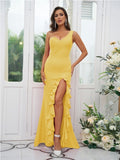 Sheath/Column Stretch Crepe Ruffles One-Shoulder Sleeveless Sweep/Brush Train Bridesmaid Dresses Evening Dress