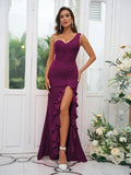Sheath/Column Stretch Crepe Ruffles One-Shoulder Sleeveless Sweep/Brush Train Bridesmaid Dresses Evening Dress