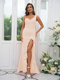 Sheath/Column Stretch Crepe Ruffles One-Shoulder Sleeveless Sweep/Brush Train Bridesmaid Dresses Evening Dress