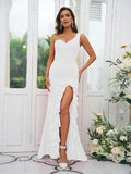 Sheath/Column Stretch Crepe Ruffles One-Shoulder Sleeveless Sweep/Brush Train Bridesmaid Dresses Evening Dress