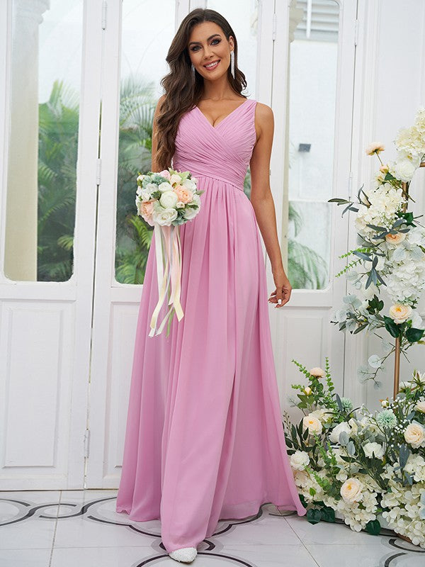 A-Line/Princess Chiffon Ruffles V-neck Sleeveless Floor-Length Bridesmaid Dresses Evening Prom Dress