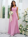 A-Line/Princess Chiffon Ruffles V-neck Sleeveless Floor-Length Bridesmaid Dresses Evening Prom Dress