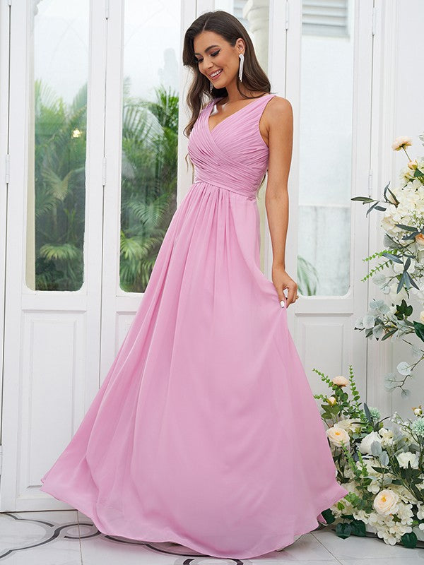 A-Line/Princess Chiffon Ruffles V-neck Sleeveless Floor-Length Bridesmaid Dresses Evening Prom Dress