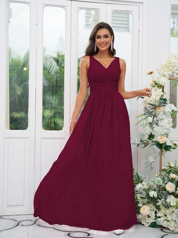 A-Line/Princess Chiffon Ruffles V-neck Sleeveless Floor-Length Bridesmaid Dresses Evening Prom Dress