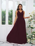 A-Line/Princess Chiffon Ruffles V-neck Sleeveless Floor-Length Bridesmaid Dresses Evening Prom Dress