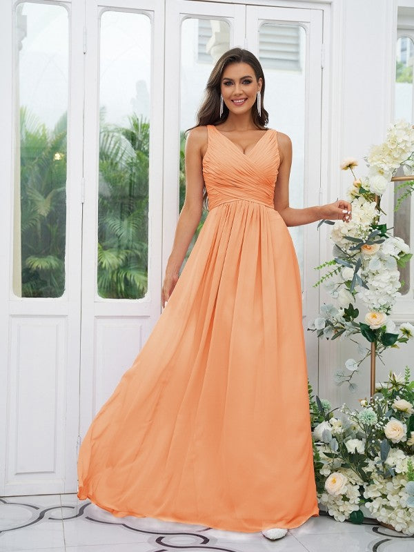 A-Line/Princess Chiffon Ruffles V-neck Sleeveless Floor-Length Bridesmaid Dresses Evening Prom Dress
