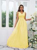 A-Line/Princess Chiffon Ruffles V-neck Sleeveless Floor-Length Bridesmaid Dresses Evening Prom Dress