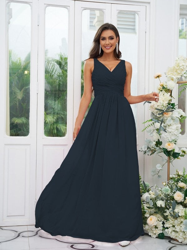 A-Line/Princess Chiffon Ruffles V-neck Sleeveless Floor-Length Bridesmaid Dresses Evening Prom Dress