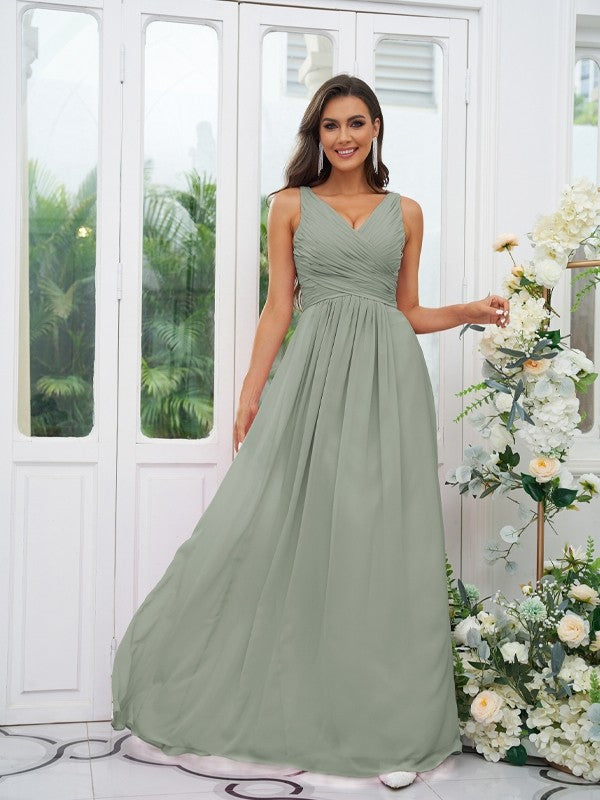 A-Line/Princess Chiffon Ruffles V-neck Sleeveless Floor-Length Bridesmaid Dresses Evening Prom Dress