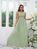 A-Line/Princess Chiffon Ruffles V-neck Sleeveless Floor-Length Bridesmaid Dresses Evening Prom Dress