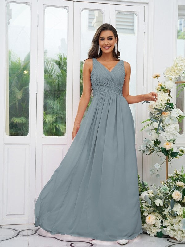 A-Line/Princess Chiffon Ruffles V-neck Sleeveless Floor-Length Bridesmaid Dresses Evening Prom Dress