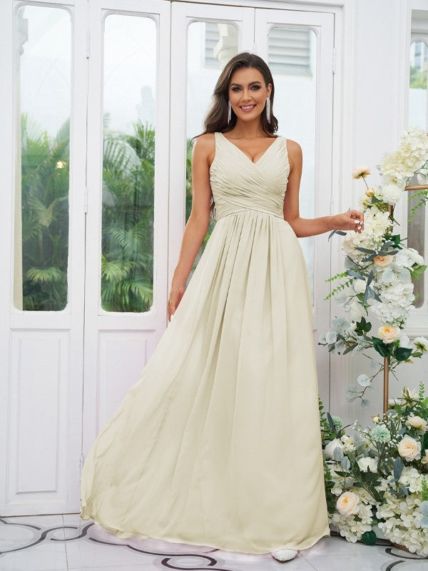A-Line/Princess Chiffon Ruffles V-neck Sleeveless Floor-Length Bridesmaid Dresses Evening Prom Dress
