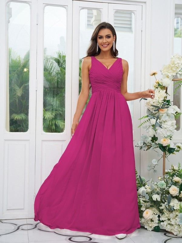 A-Line/Princess Chiffon Ruffles V-neck Sleeveless Floor-Length Bridesmaid Dresses Evening Prom Dress