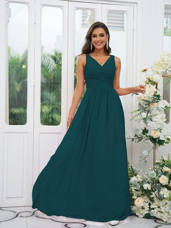 A-Line/Princess Chiffon Ruffles V-neck Sleeveless Floor-Length Bridesmaid Dresses Evening Prom Dress