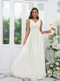 A-Line/Princess Chiffon Ruffles V-neck Sleeveless Floor-Length Bridesmaid Dresses Evening Prom Dress