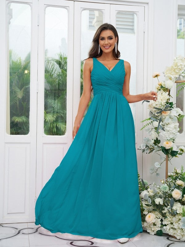 A-Line/Princess Chiffon Ruffles V-neck Sleeveless Floor-Length Bridesmaid Dresses Evening Prom Dress