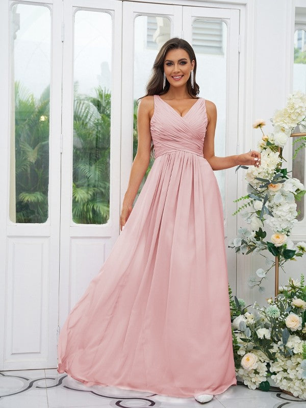 A-Line/Princess Chiffon Ruffles V-neck Sleeveless Floor-Length Bridesmaid Dresses Evening Prom Dress