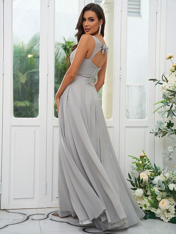 A-Line/Princess Chiffon Ruffles V-neck Sleeveless Floor-Length Bridesmaid Dresses Evening Dress