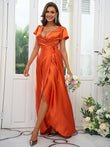 A-Line/Princess Silk like Satin Ruched V-neck Short Sleeves Floor-Length Bridesmaid Dresses Evening Dress