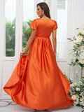 A-Line/Princess Silk like Satin Ruched V-neck Short Sleeves Floor-Length Bridesmaid Dresses Evening Dress