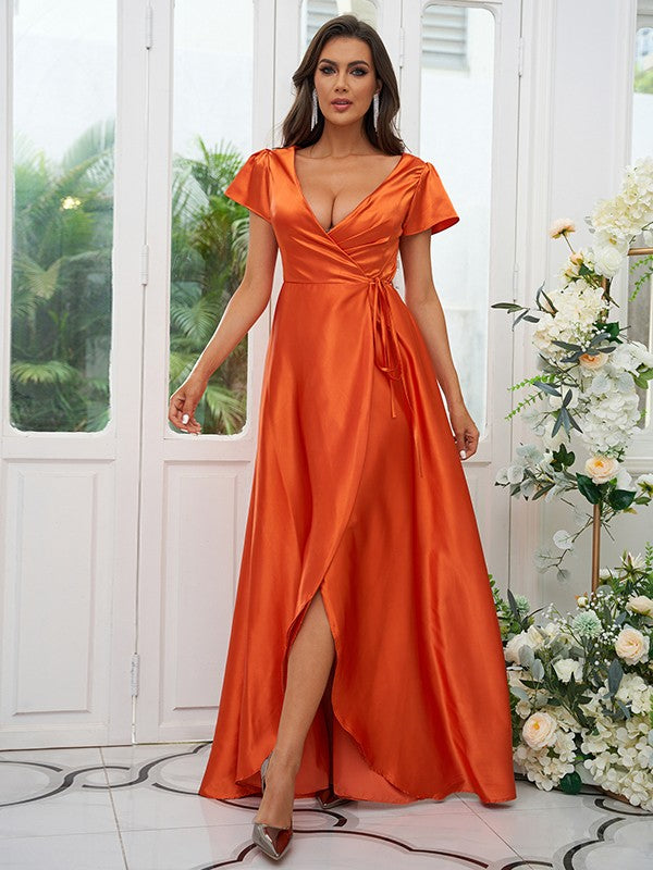 A-Line/Princess Silk like Satin Ruched V-neck Short Sleeves Floor-Length Bridesmaid Dresses Evening Dress