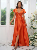 A-Line/Princess Silk like Satin Ruched V-neck Short Sleeves Floor-Length Bridesmaid Dresses Evening Dress
