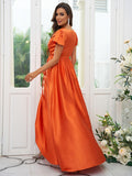 A-Line/Princess Silk like Satin Ruched V-neck Short Sleeves Floor-Length Bridesmaid Dresses Evening Dress