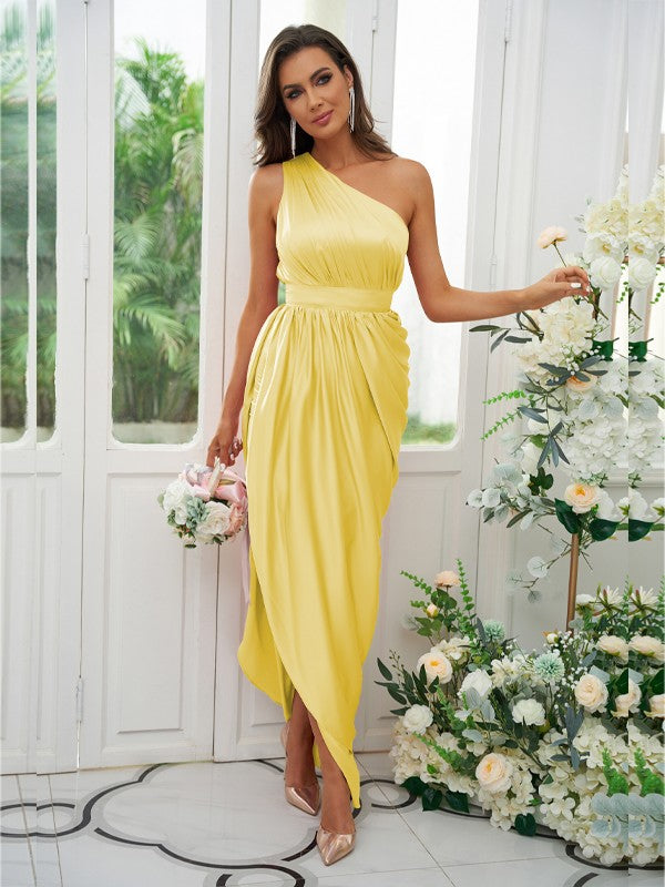 A-Line/Princess Ruffles One-Shoulder Sleeveless Ankle-Length Bridesmaid Dresses				 #BD18055BD0135