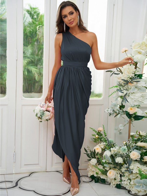 A-Line/Princess Ruffles One-Shoulder Sleeveless Ankle-Length Bridesmaid Dresses				 #BD18055BD0135