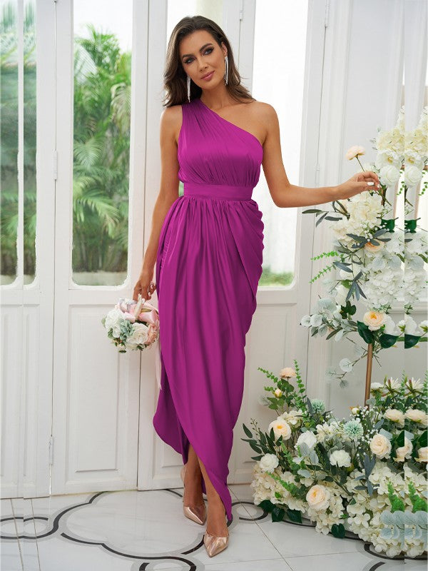 A-Line/Princess Ruffles One-Shoulder Sleeveless Ankle-Length Bridesmaid Dresses				 #BD18055BD0135